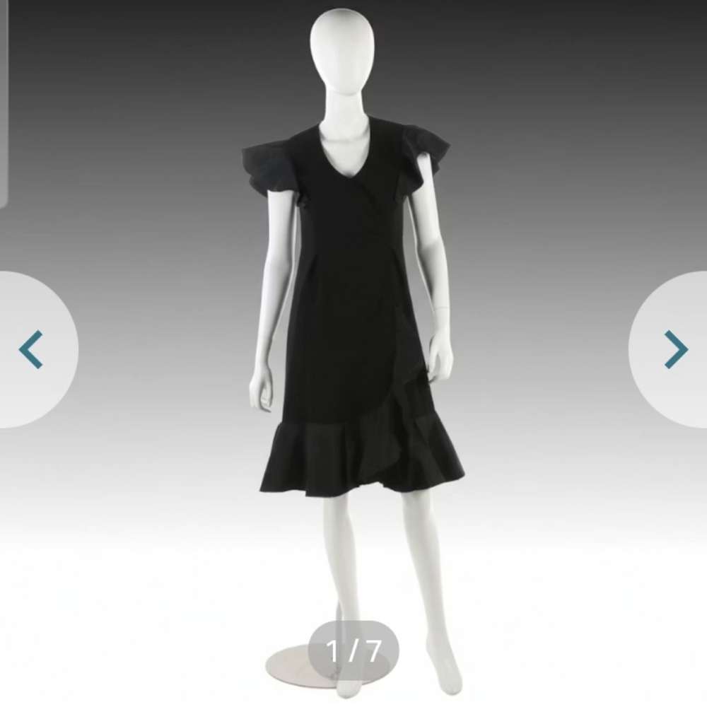 Pauline Trigère Black Ruffled Evening Dress with V-cut Neckline, 1990s Vintage